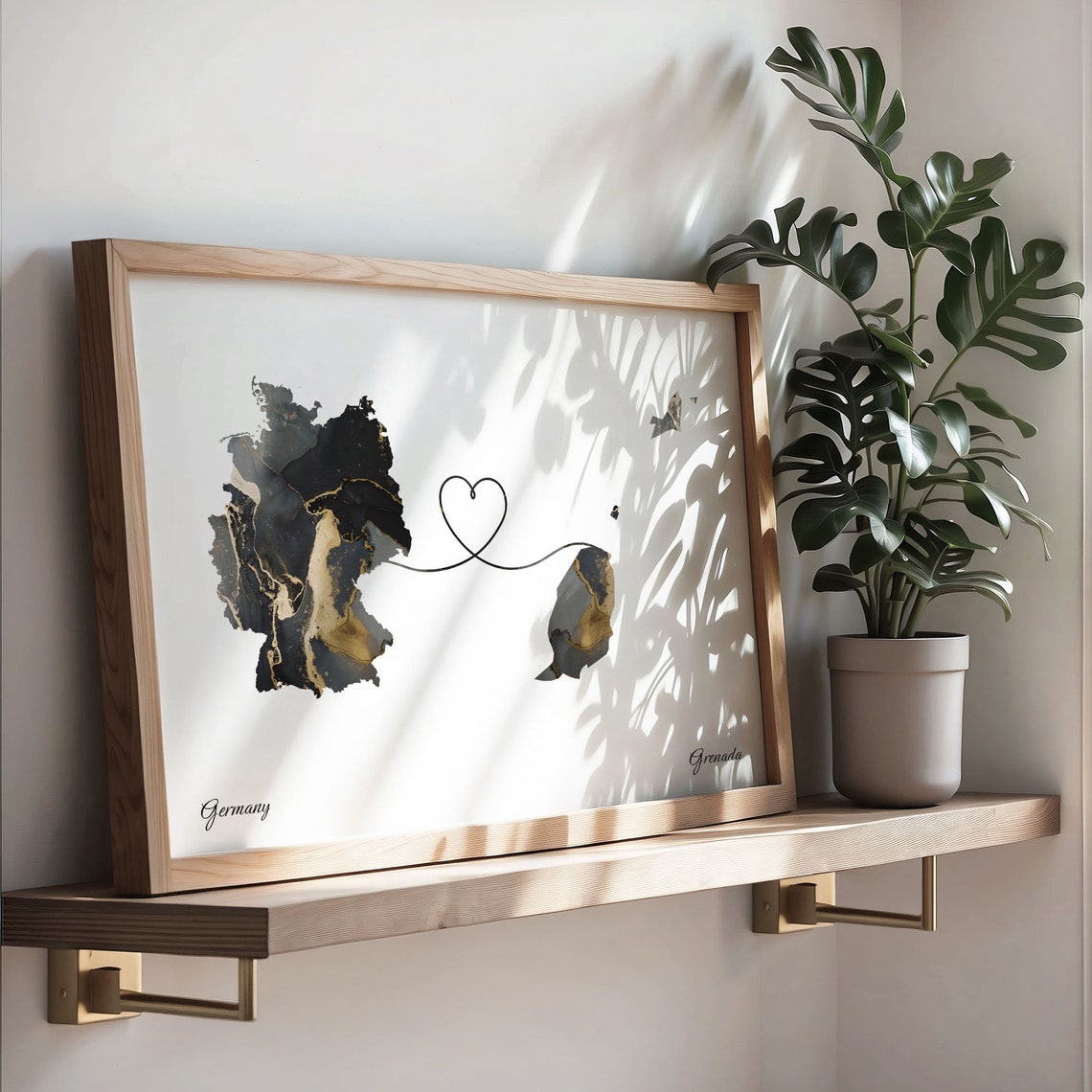 Germany and Grenada Marble Heart Connected Countries Map Poster - Image 3