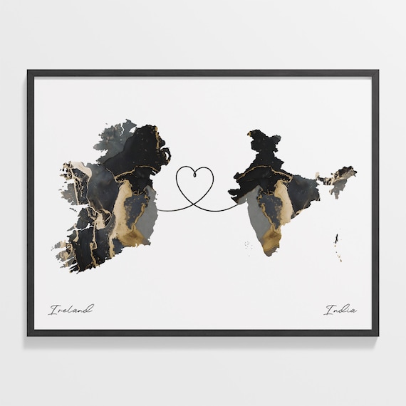 Ireland to India Marble Map with Heart Long Distance Love Poster