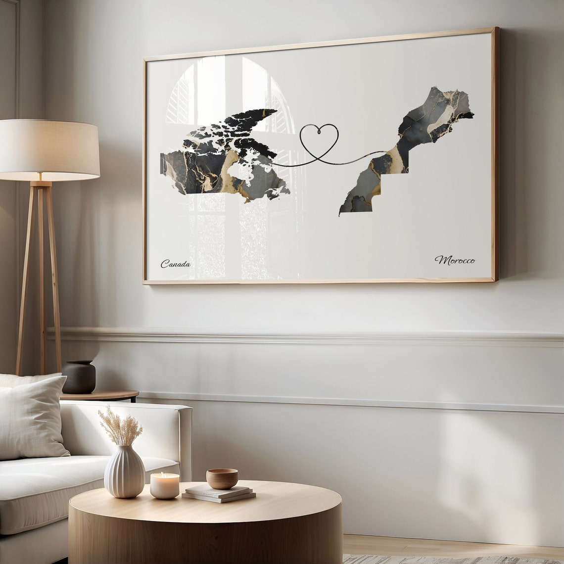Canada To Morocco Black Gold Marble Long Distance Heart Map Poster - Image 2