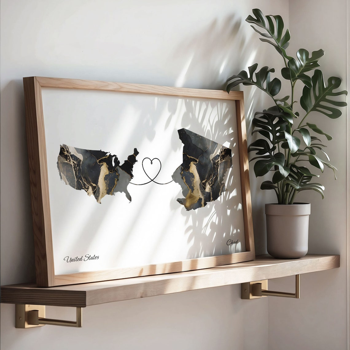 United States To Chad Marble Map Heart Poster Long Distance Love Gift - Image 3