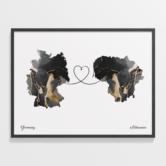 Germany Lithuania Heart Marble Map Long Distance Couple Poster
