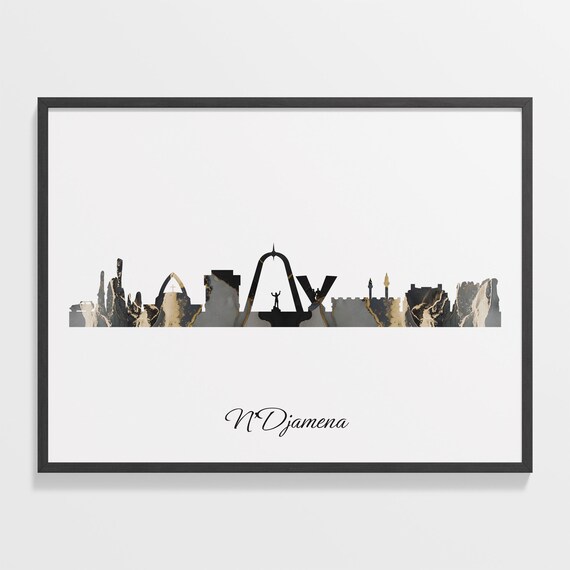 N'Djamena Chad Black Gold Marble Skyline Silhouette Art Poster