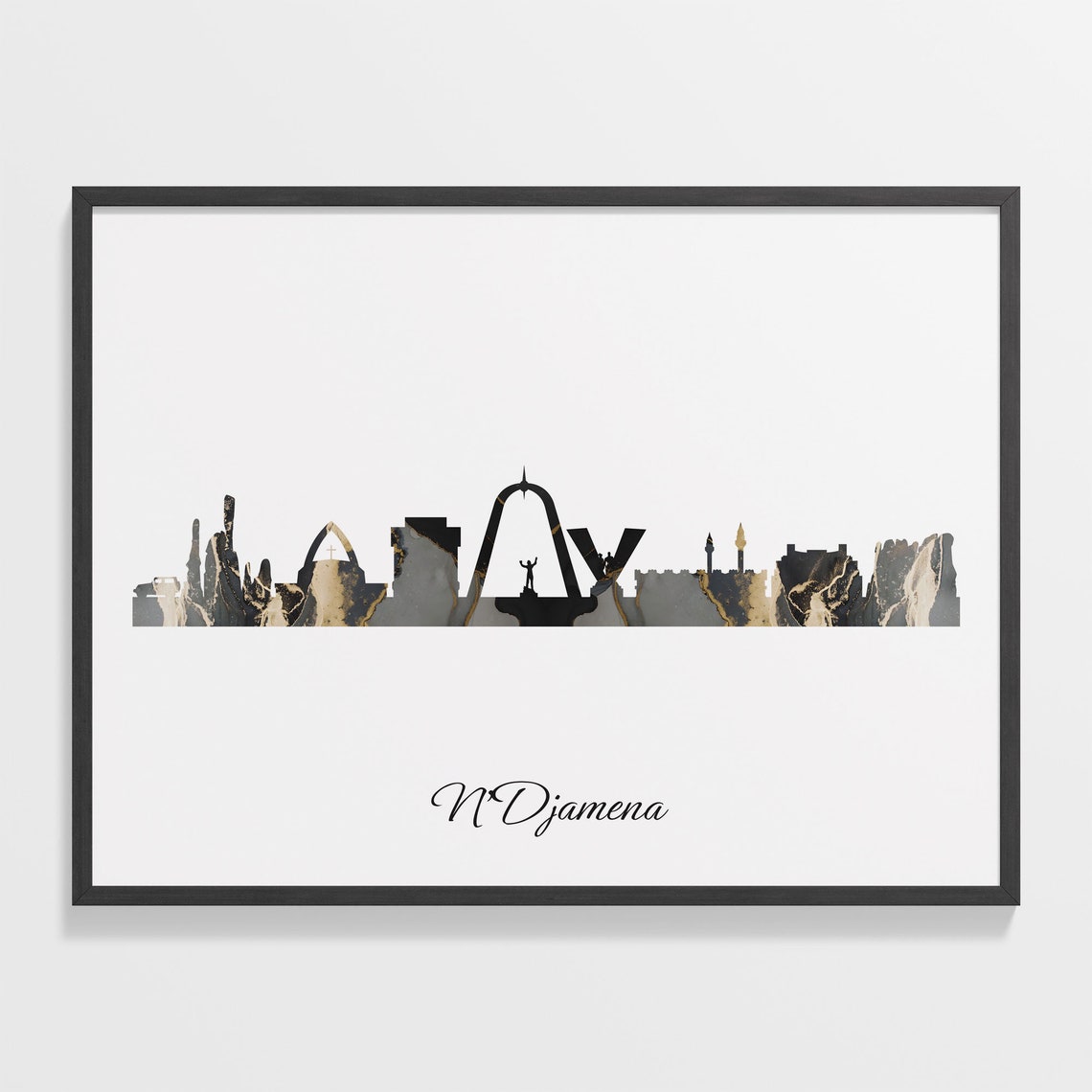 N'Djamena Chad Black Gold Marble Skyline Silhouette Art Poster
