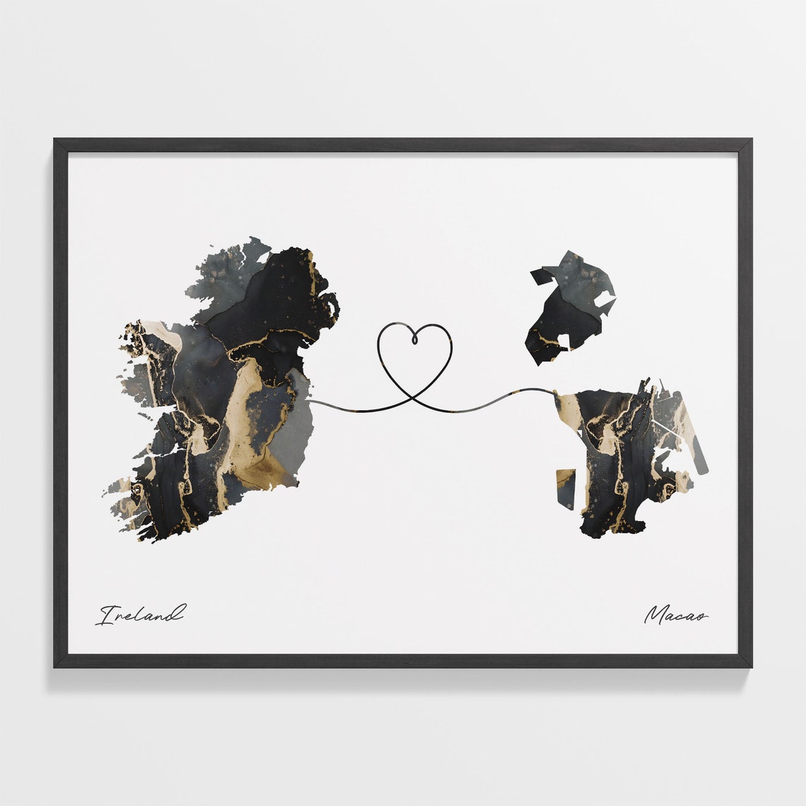 Ireland To Macao Elegant Black Marble Two Country Heart Map Poster