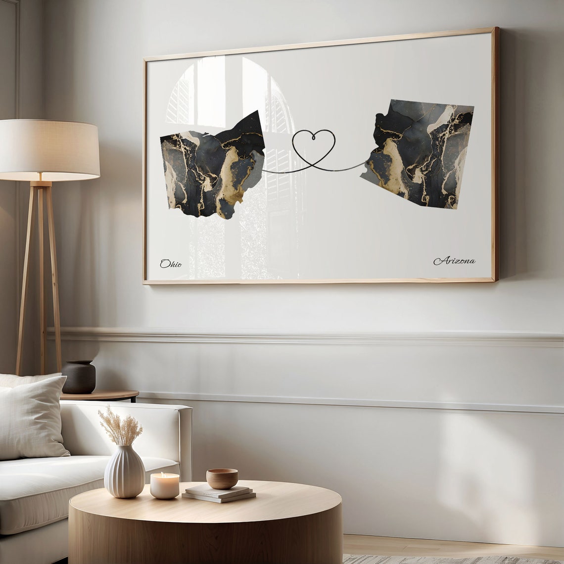 Ohio to Arizona Black Gold Marble Map Heart Connection Poster - Image 2