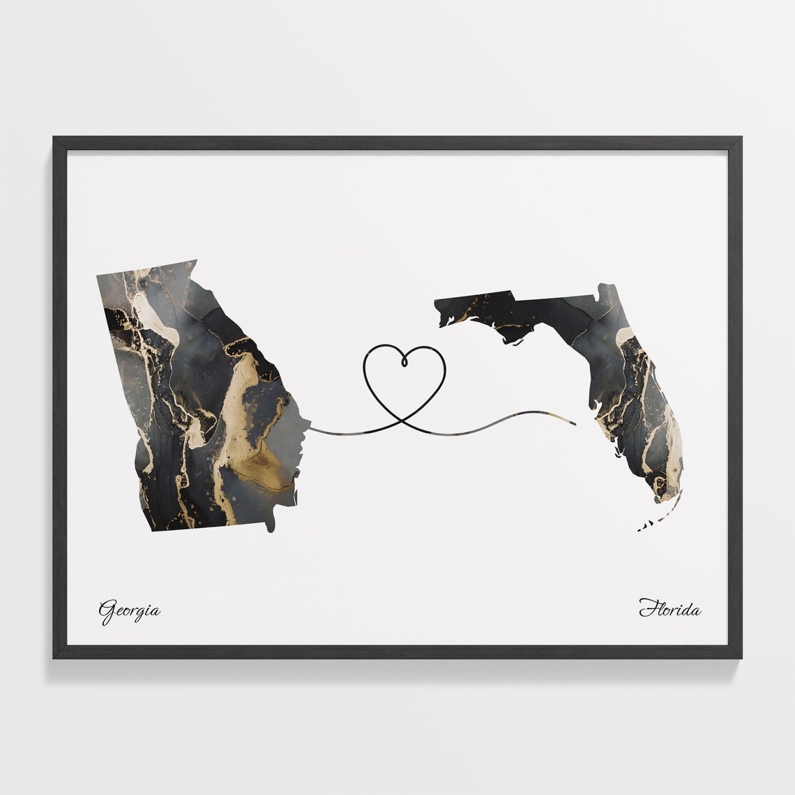 Georgia To Florida Marble Map Heart Poster Long Distance Love Gift