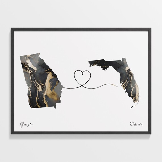 Georgia To Florida Marble Map Heart Poster Long Distance Love Gift