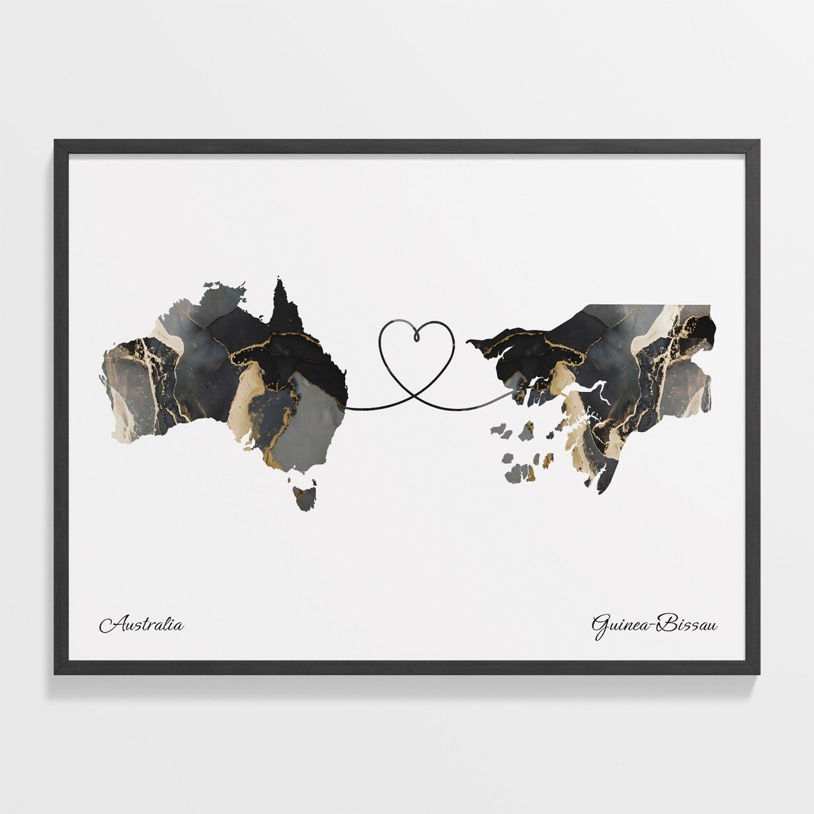 Australia To Guinea-Bissau Black Gold Marble Long Distance Heart Map Poster