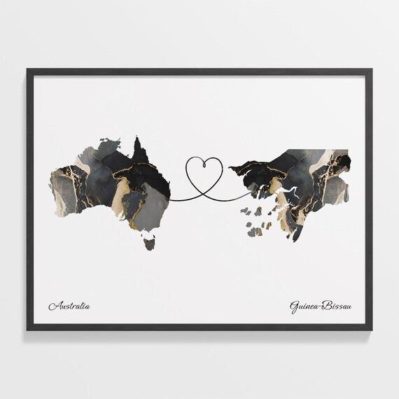 Australia To Guinea-Bissau Black Gold Marble Long Distance Heart Map Poster