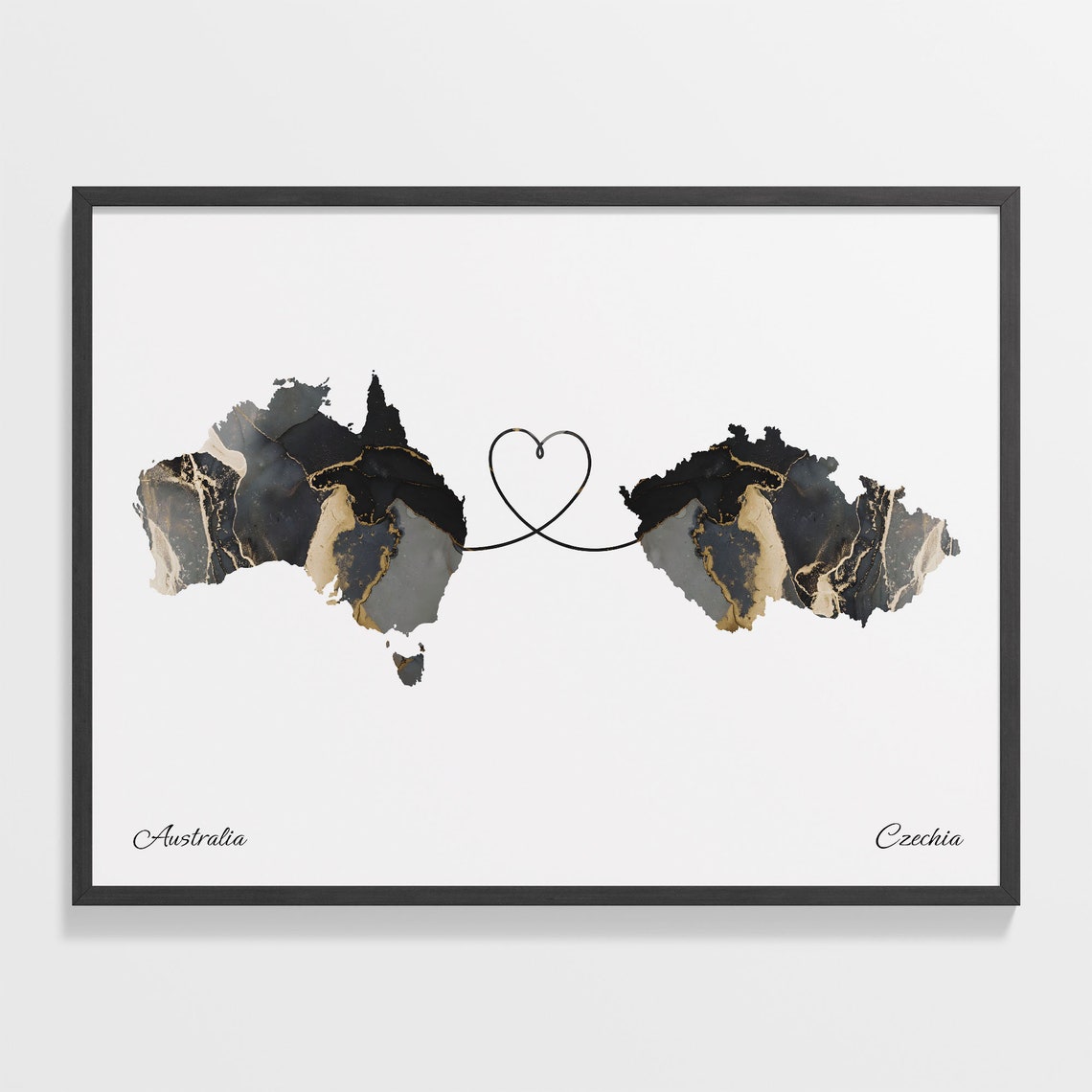 Australia and Czechia Black Marble Heart Connection Map Poster