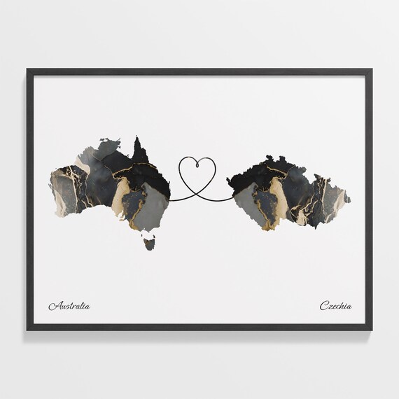 Australia and Czechia Black Marble Heart Connection Map Poster