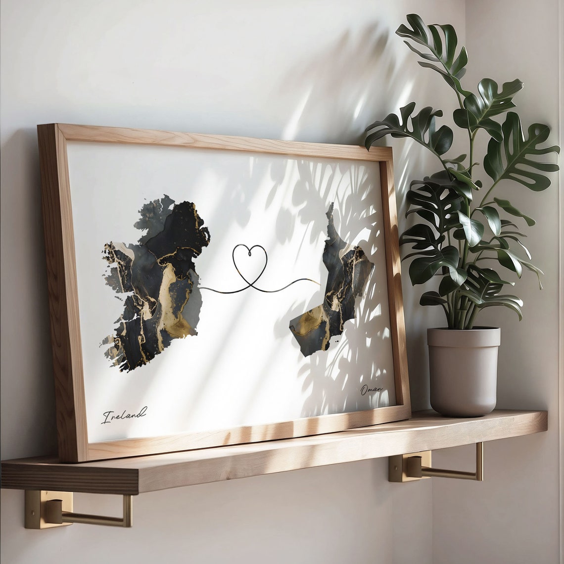 Ireland and Oman Black and Gold Marble Two Countries Map Poster - Image 3