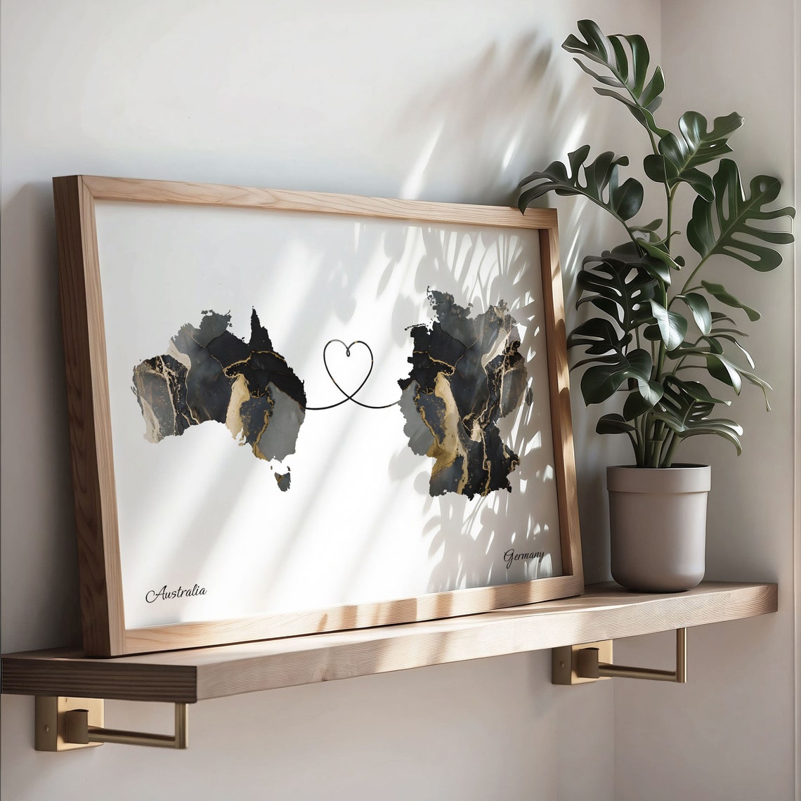 Australia to Germany Black and Gold Marble Two Country Map Poster - Image 3