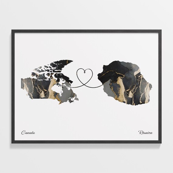 Canada Reunion Black Gold Marble Map Art Heart Connection Poster