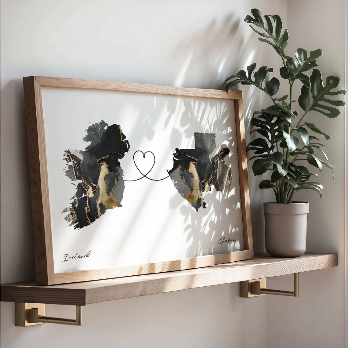 Ireland Gabon Long Distance Love Black Marble Heart Map Poster - Image 3