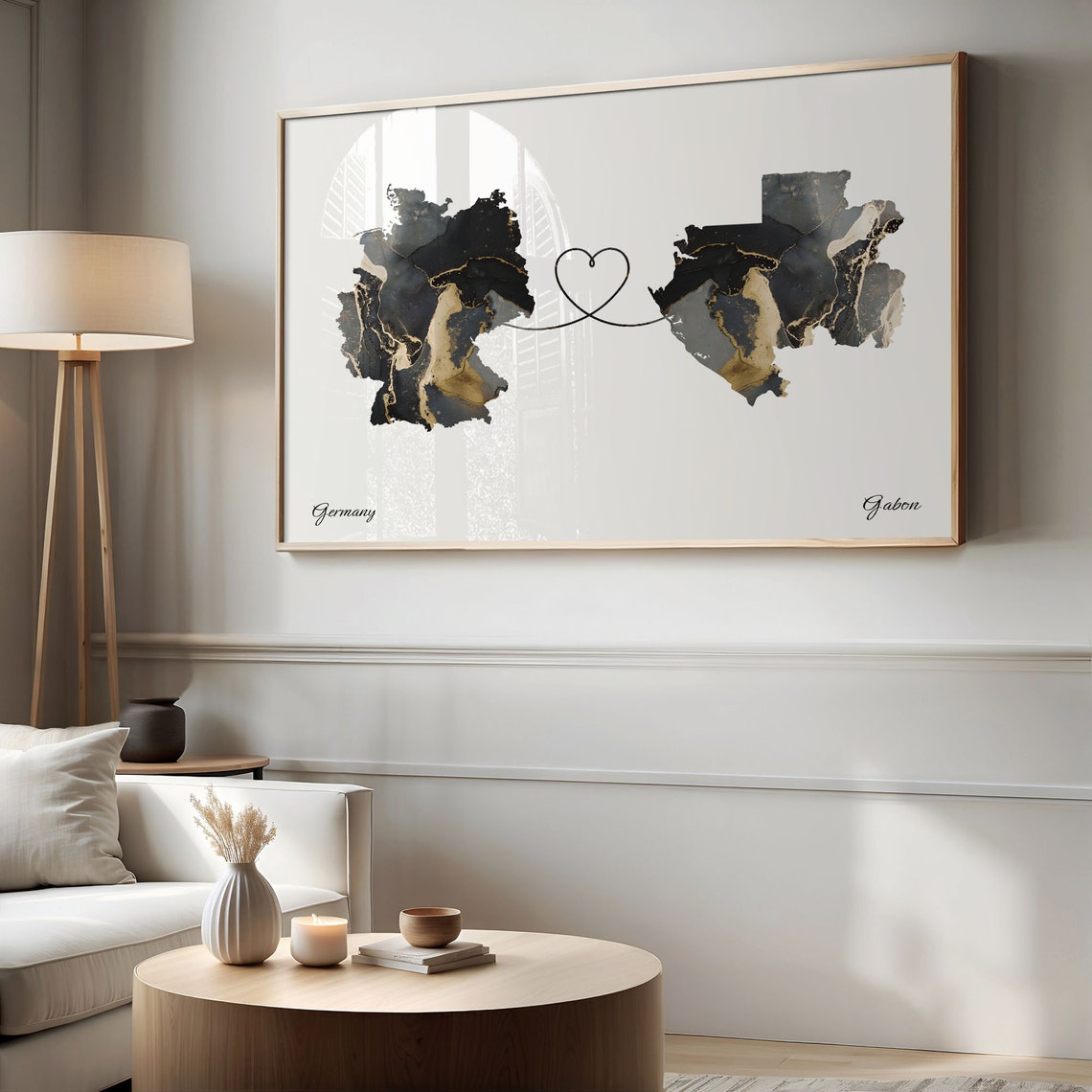 Germany and Gabon Heart Connection Black and Gold Marble Poster - Image 2