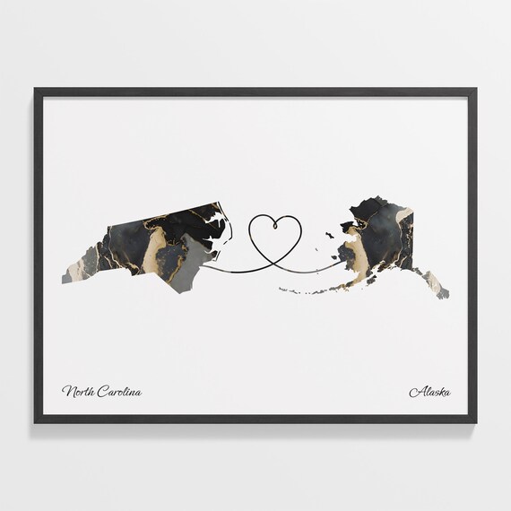 North Carolina to Alaska Black Marble State Map Long Distance Love Poster