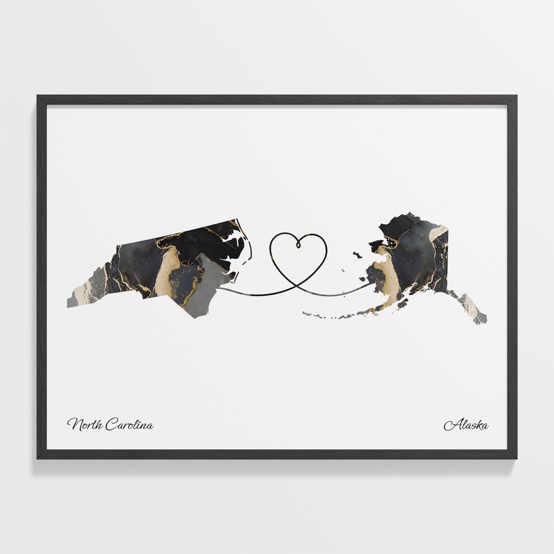North Carolina to Alaska Black Marble State Map Long Distance Love Poster