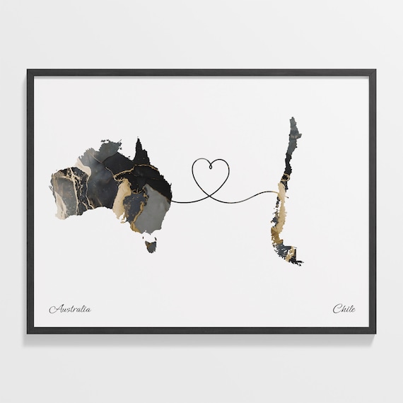 Australia and Chile Two Countries Black Gold Marble Map Poster