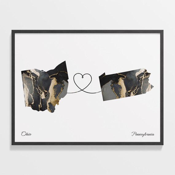 Ohio Pennsylvania Long Distance Black Gold Marble Heart Map Poster
