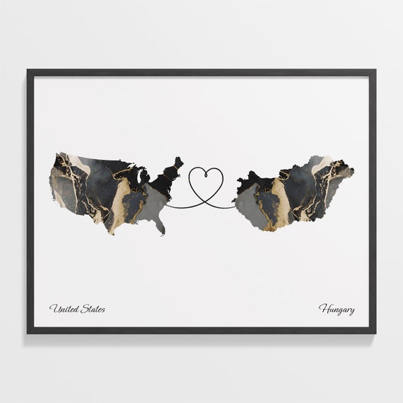 USA to Hungary Map Poster, Travel Wall Art Print