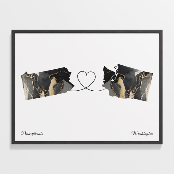 Pennsylvania to Washington Long Distance Love Marble Map Art Poster