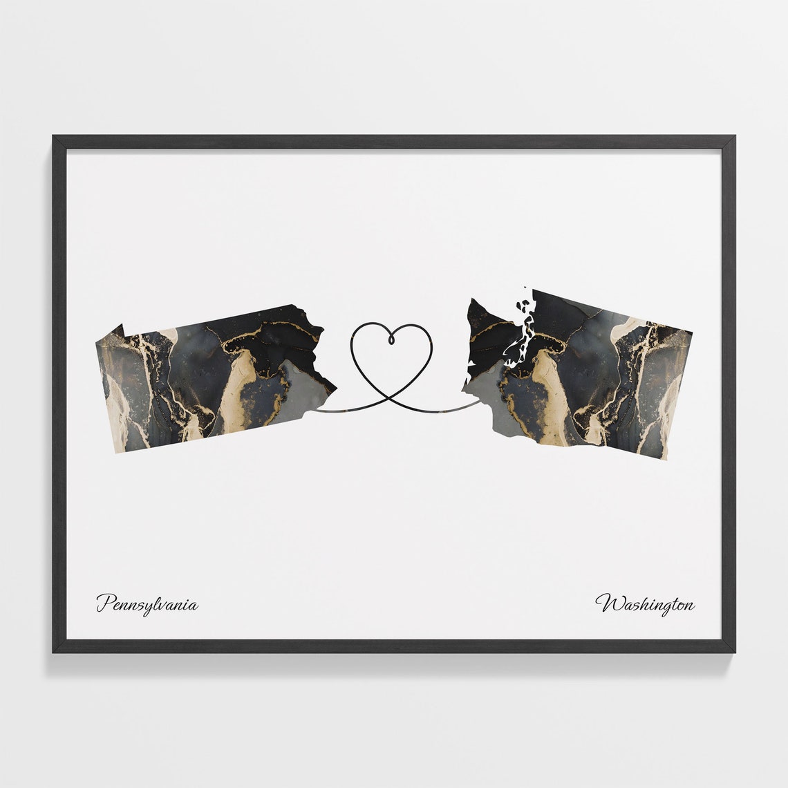 Pennsylvania to Washington Long Distance Love Marble Map Art Poster