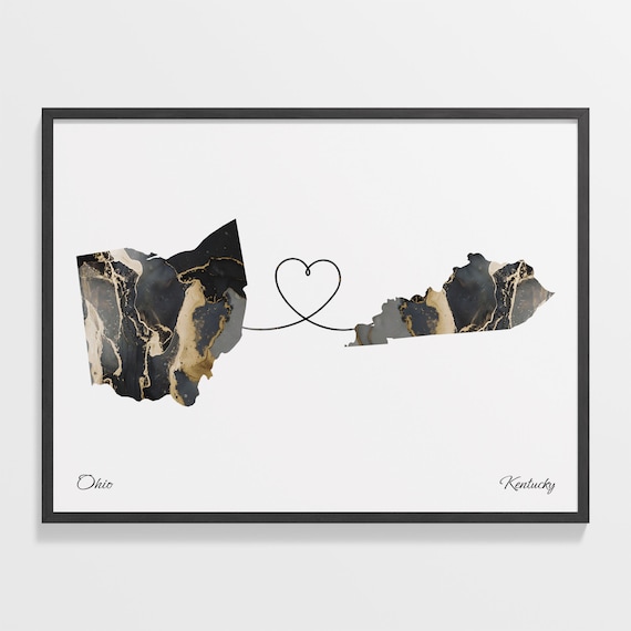Ohio to Kentucky Two State Long Distance Heart Marble Map Poster