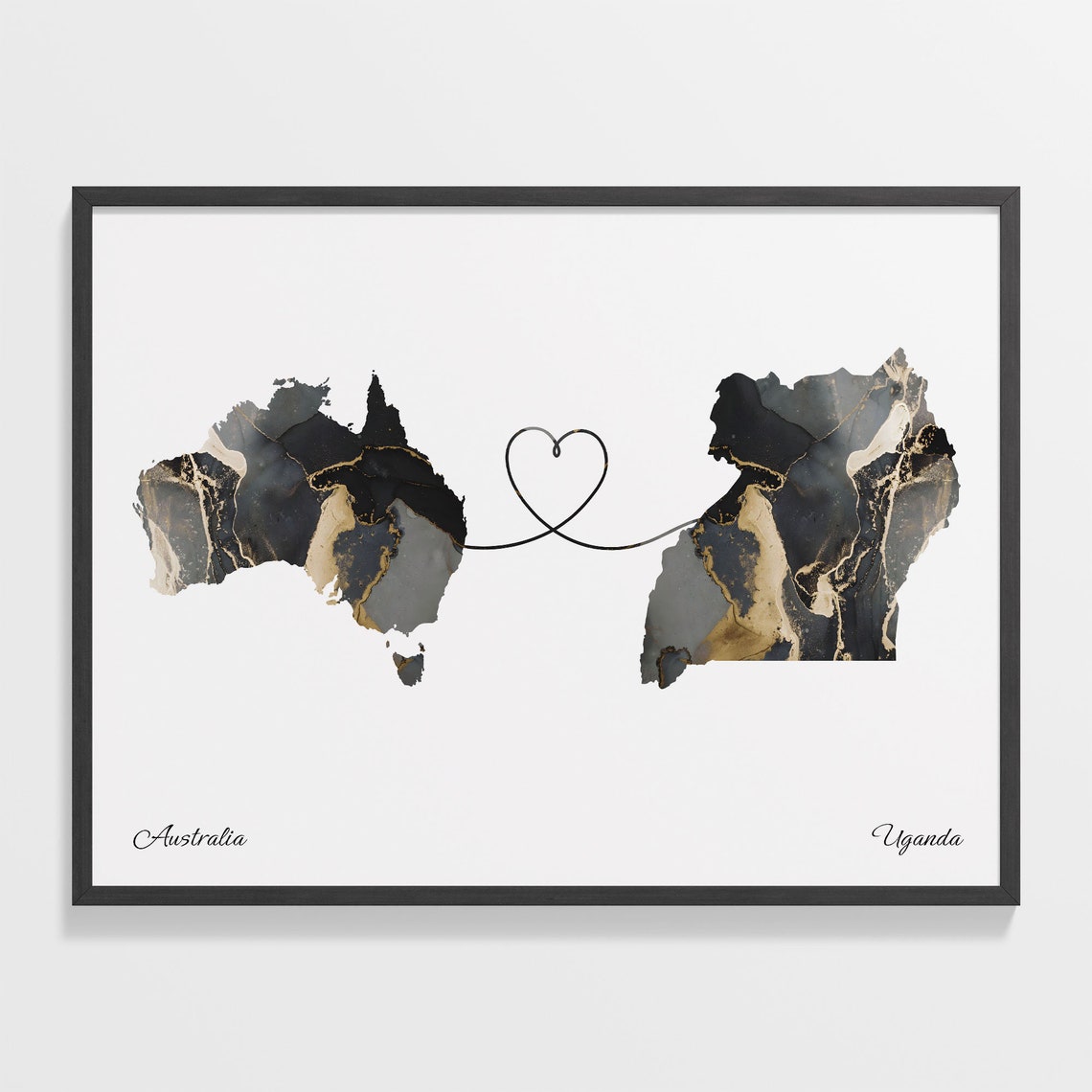 Australia Uganda Long Distance Love Heart Marble Map Gift Poster