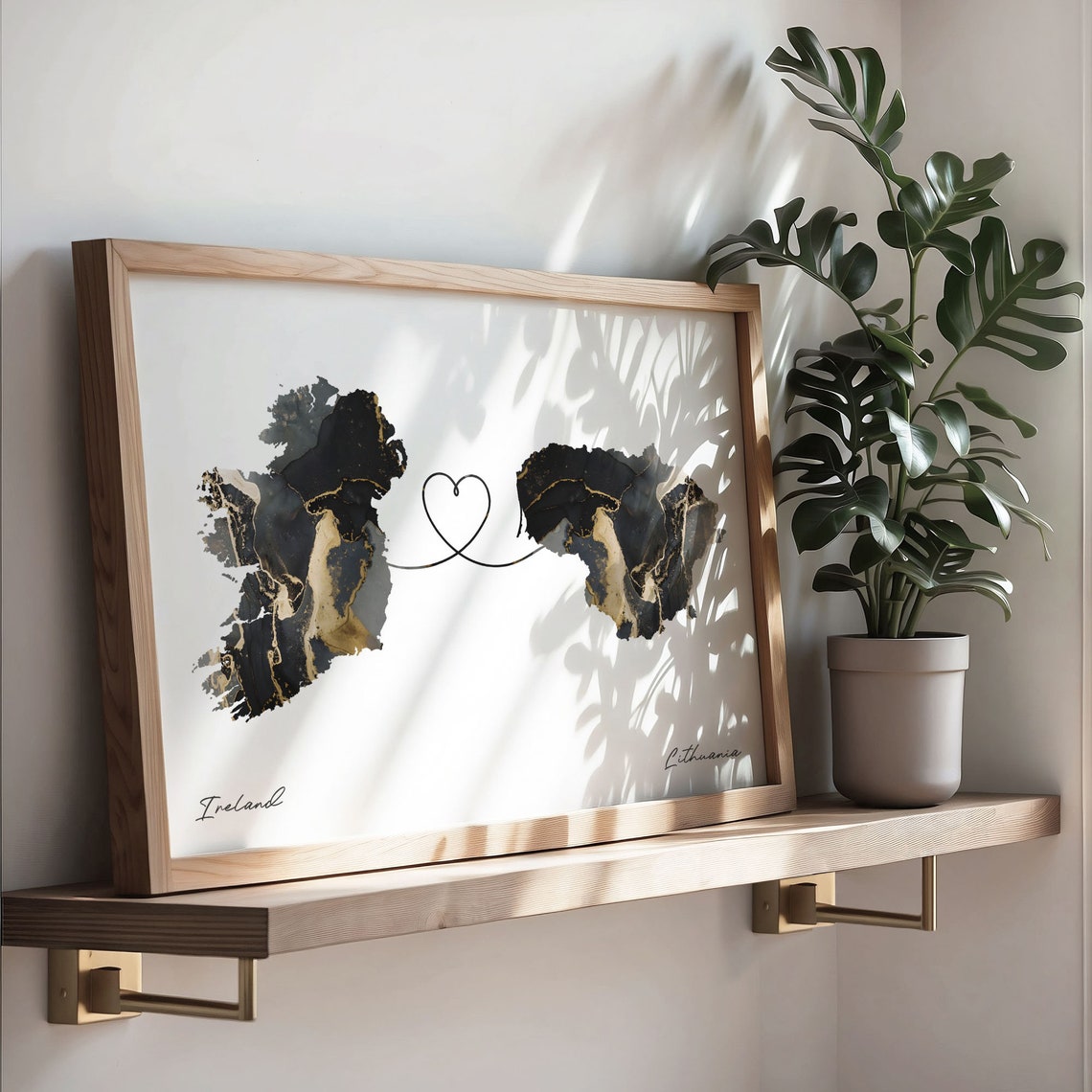 Ireland and Lithuania Black Gold Marble Heart Connection Map Poster - Image 3