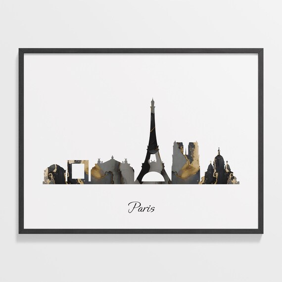 Paris France Eiffel Tower Black Gold Marble Skyline Silhouette Poster