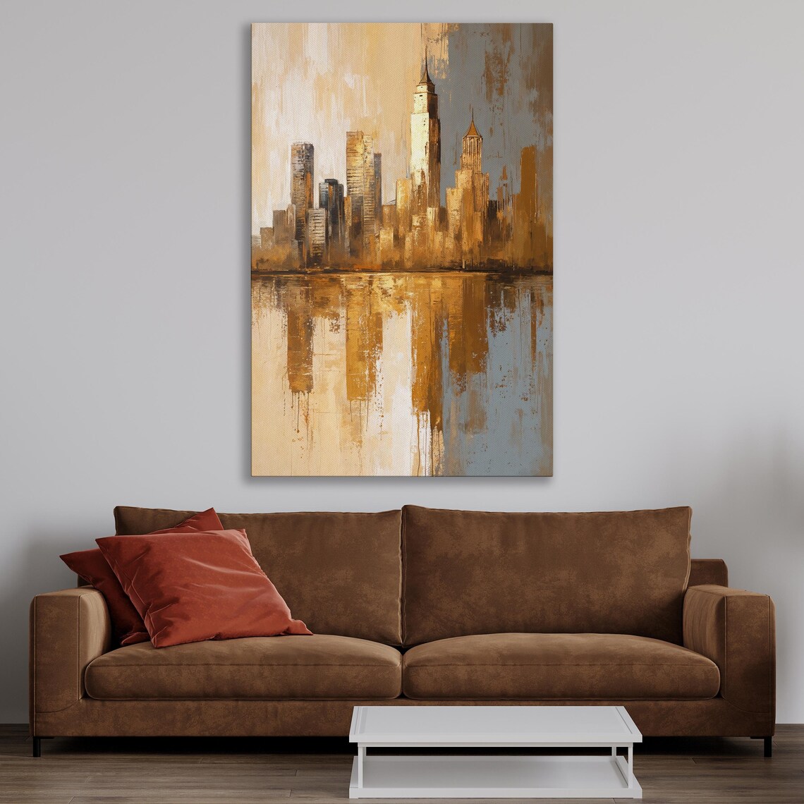 Abstract Golden Cityscape Wall Art City Skyline Reflection Painting Print Luxury Wall Decor Skyscrapers Poster Ready To Hang Gift - Image 3