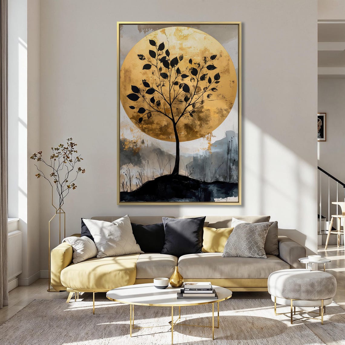 Tree Silhouette Against Golden Moon Abstract Watercolor Night Poster - Image 5