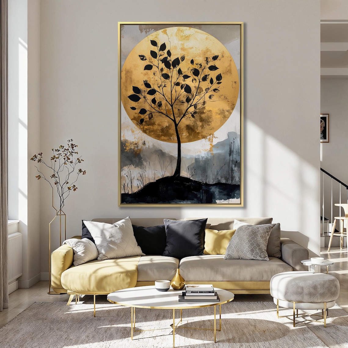 Tree Silhouette Against Golden Moon Wall Art Abstract Nature Painting Print Luxury Wall Decor Modern Landscape Poster Ready To Hang - Image 5
