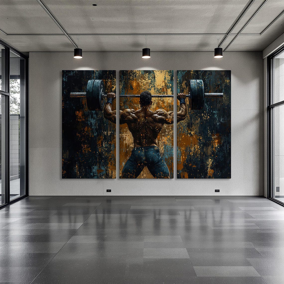 Weightlifter Back View Barbell Press in Teal Gold Brushwork Poster - Image 6