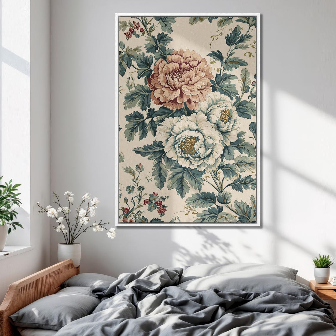 Dusty Rose Peonies With Cream Blooms Morris Style Floral Print - Image 2
