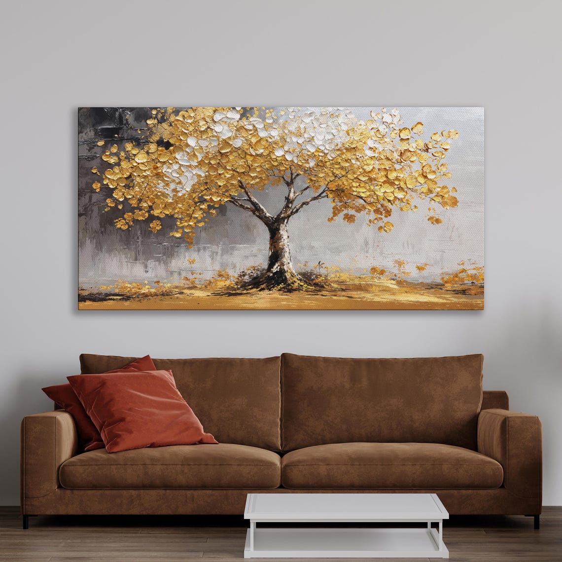 Golden Textured Tree With Falling Leaves Abstract Landscape Poster - Image 2