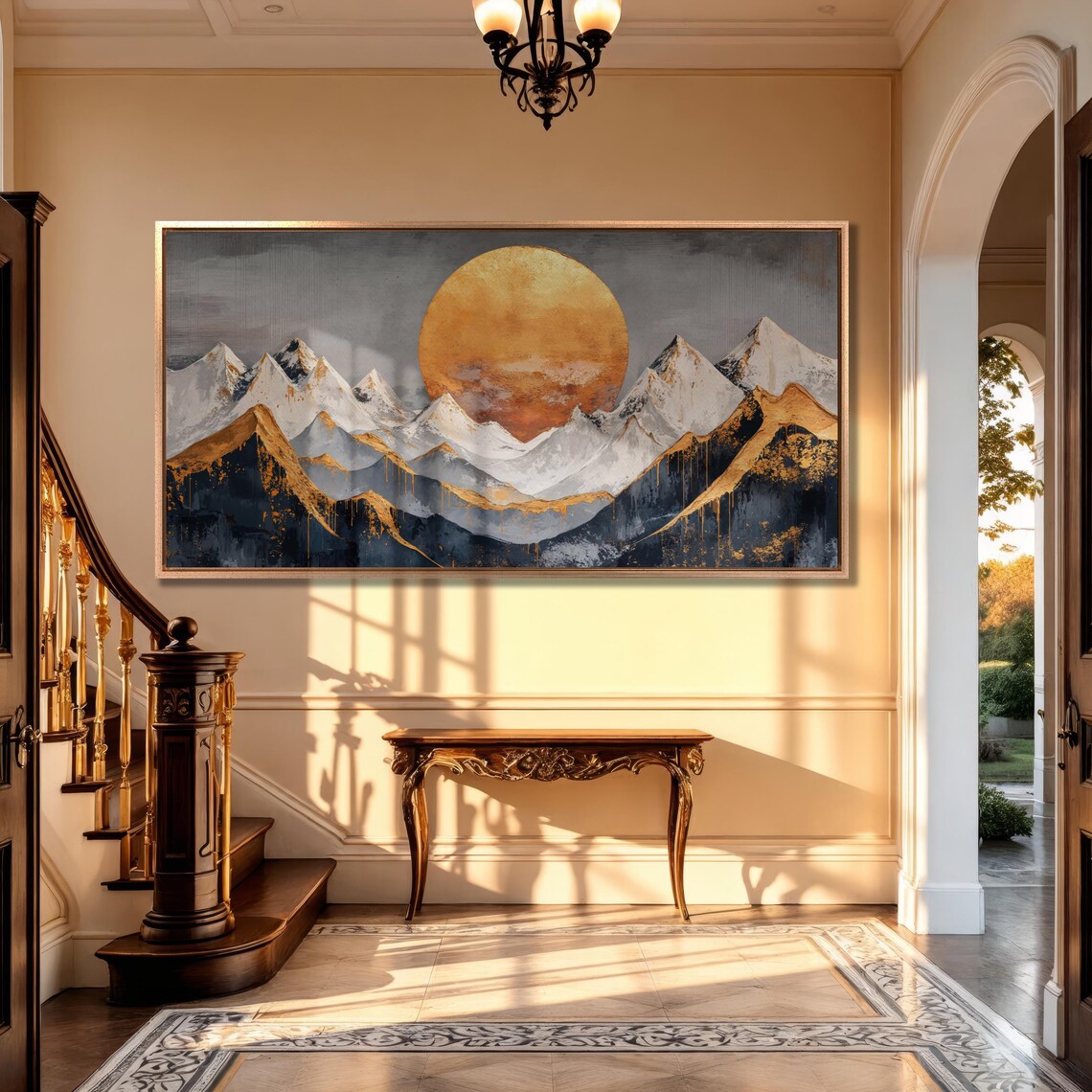 Golden Sun Over Mountains Wall Art Mountain Landscape Painting Print Modern Luxury Wall Decor Abstract Nature Poster Ready To Hang - Image 3