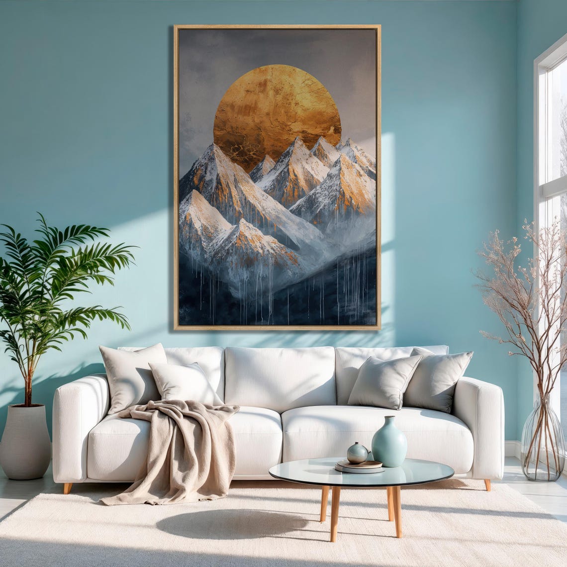 Copper Sun Behind Snowy Peaks With Paint Drips Abstract Wall Art - Image 2
