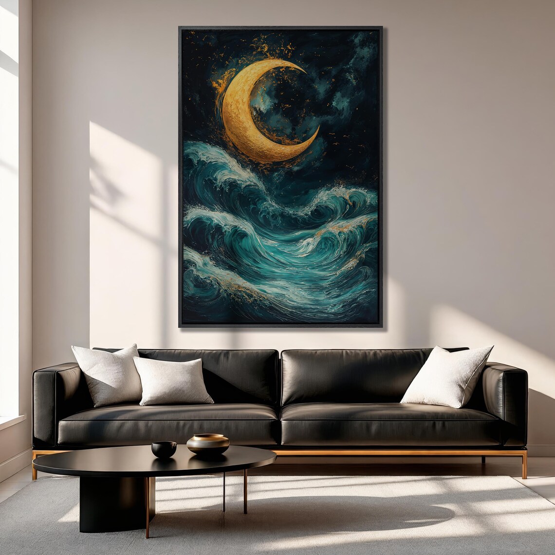 Golden Crescent Moon Over Teal Ocean Waves at Night Sky Poster - Image 4