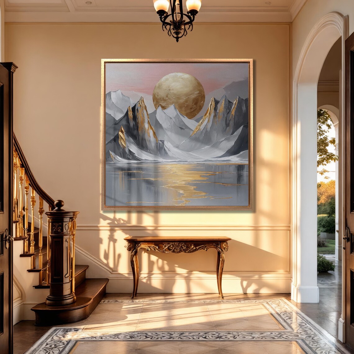 Giant Golden Moon Over Snowy Gray Peaks at Dusk Mountain Poster - Image 3