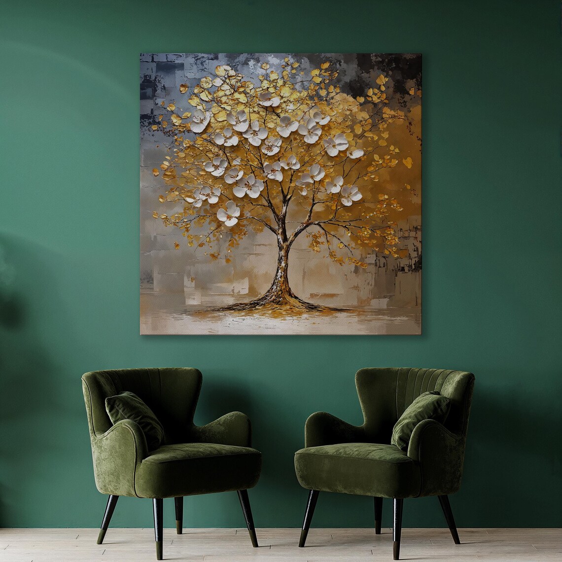 White Blossoms and Gold Leaves Flowering Tree Floral Wall Art - Image 3