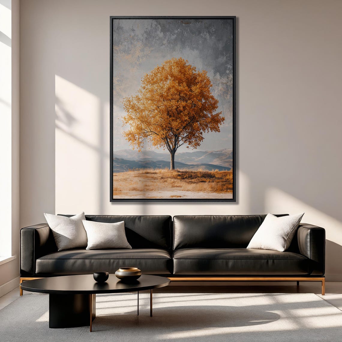 Lone Autumn Tree With Orange Foliage Under Cloudy Sky Landscape Poster - Image 5