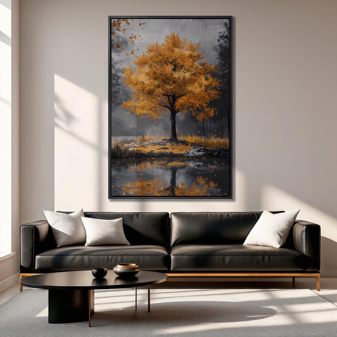 Vibrant Autumn Tree by a Lake on a Rocky Shore Landscape Poster - Image 5