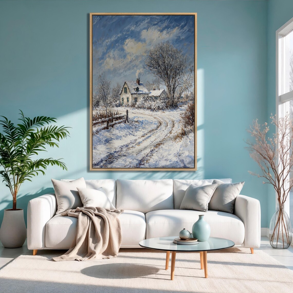 Snowy Country Road to White Cottage in Blue Winter Sky Poster - Image 3