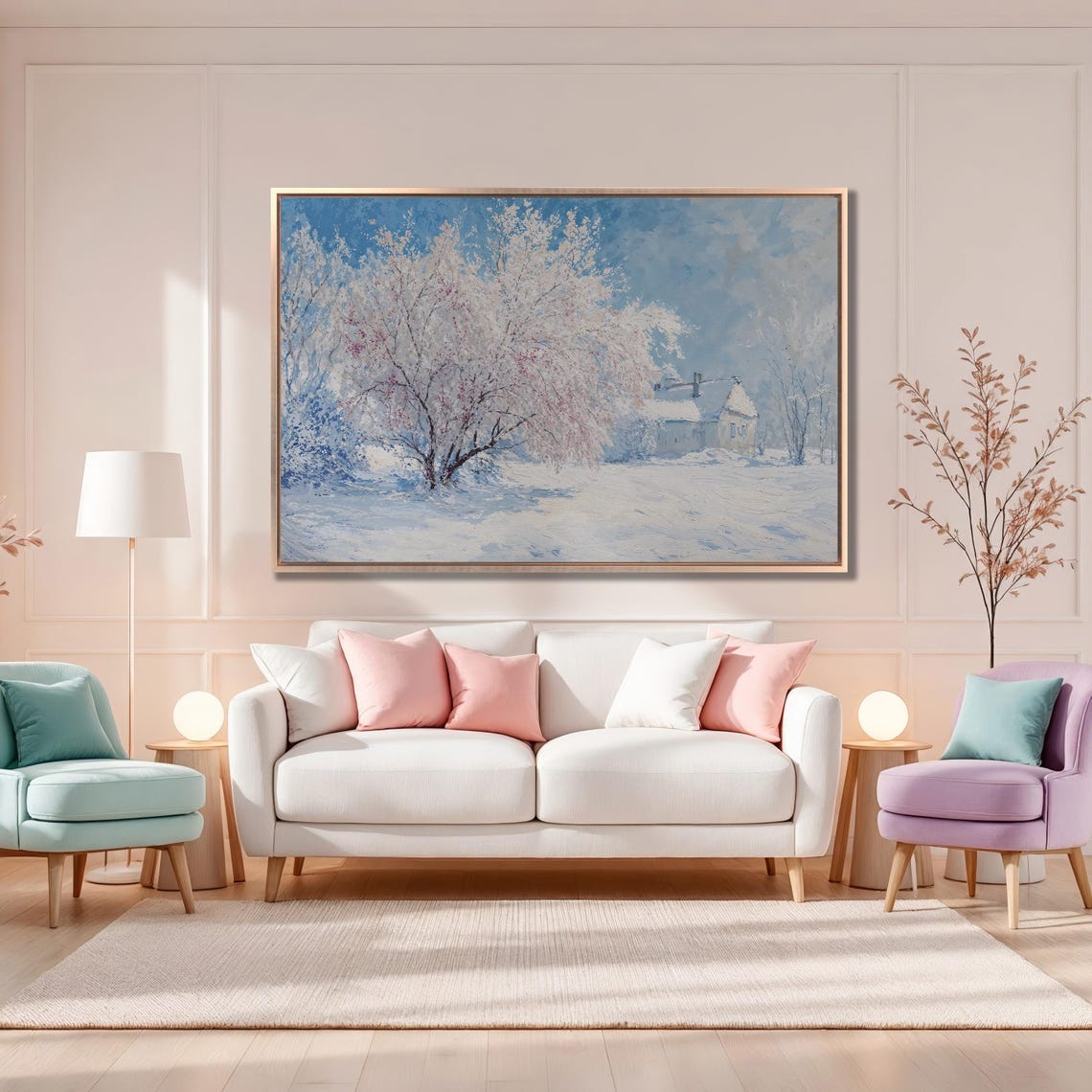 Snow Covered Cottage with Frosted Tree Winter Painting Poster - Image 4