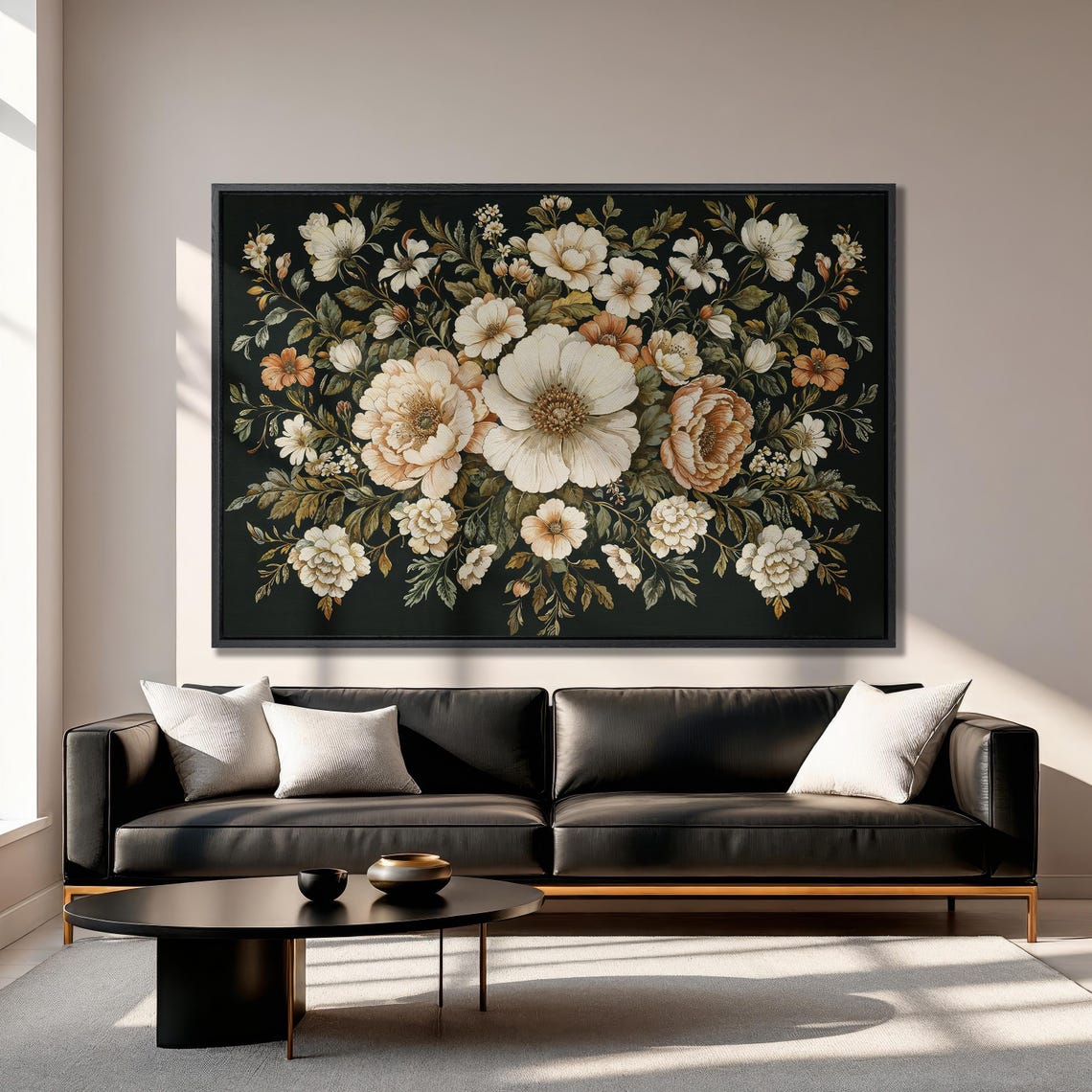 Vintage Cream Peony Bouquet on Black Baroque Floral Art Poster - Image 3