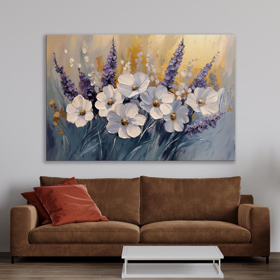 White Flowers And Lavender Sprigs On Golden Glow Painting Poster - Image 2