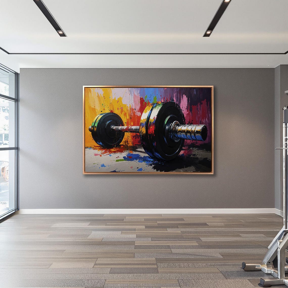 Barbell Close Up Against Multicolor Paint Splash Gym Art Poster - Image 3