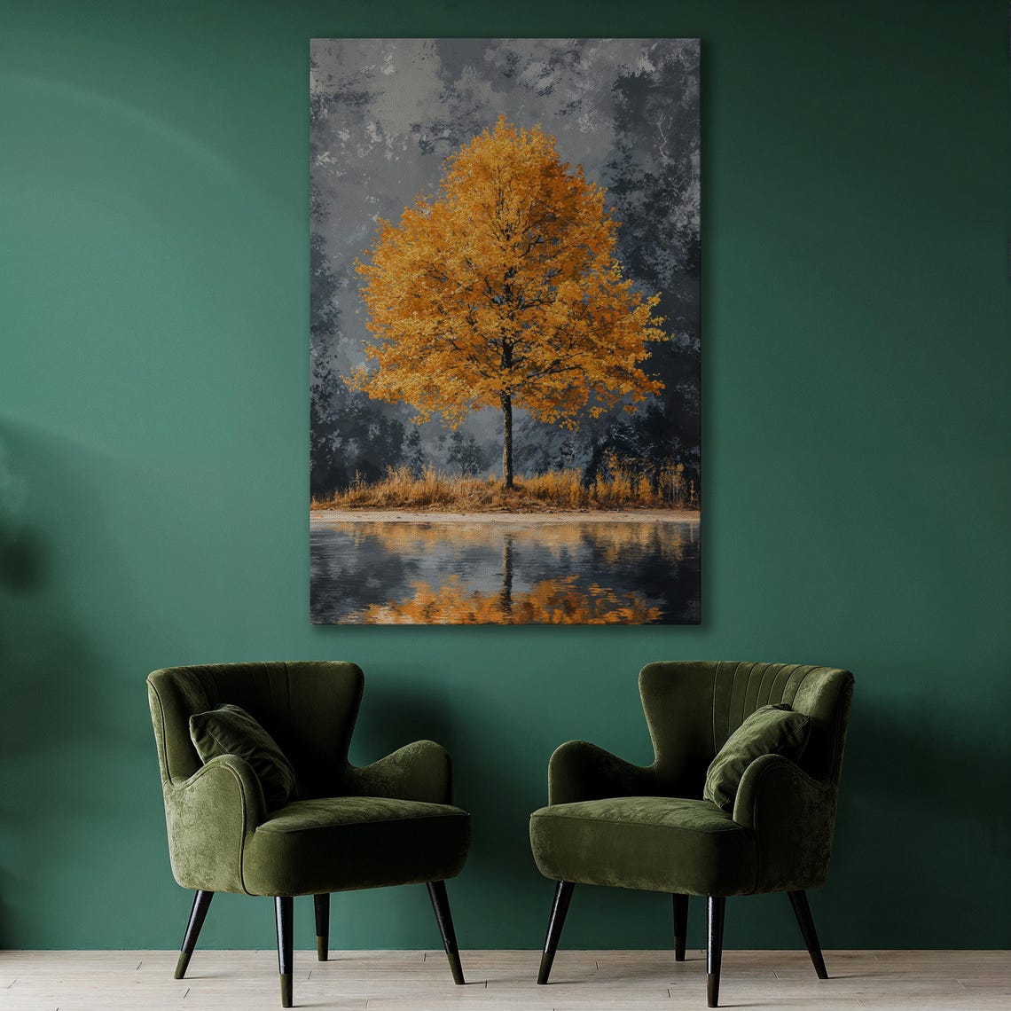 Orange Autumn Tree by a Calm Lake With Mirror Reflection Poster - Image 2